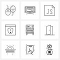 9 Universal Line Icons for Web and Mobile content, book, file, shield, web page