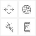 4 Universal Line Icons for Web and Mobile direction, light, move, network, torch Royalty Free Stock Photo