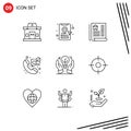 Modern Set of 9 Outlines Pictograph of hand, business, estate, protected ideas, emergency