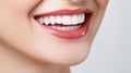 Universal photorealistic banner with a girl smiling with beautiful white teeth, close up on a white plain background Royalty Free Stock Photo