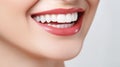 Universal photorealistic banner with a girl smiling with beautiful white teeth, close up on a white plain background Royalty Free Stock Photo