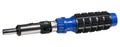 Universal ratchet screwdriver with blue rubberized handle and metal base. Isolated background Royalty Free Stock Photo