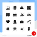 16 Universal Solid Glyph Signs Symbols of railway, fan, office draw, engine, truck