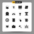 Set of 16 Vector Solid Glyphs on Grid for cam, debit, blue, credit, direct payment