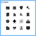 16 Universal Solid Glyphs Set for Web and Mobile Applications document, watch kit, money, smash, mallet