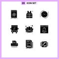 9 Universal Solid Glyphs Set for Web and Mobile Applications flower, chinese, clock, travel, buss