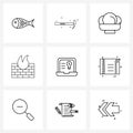 Universal Symbols of 9 Modern Line Icons of laptop, wall, sweet, security, firewall