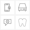 Universal Symbols of 4 Modern Line Icons of smart phone locked; sad; cd; dvd; healthy teeth