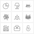 Universal Symbols of 9 Modern Line Icons of technology, setting, lamp, gear, group