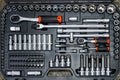 Universal tool box, tool kit with set of hex, torx and screwdriver bits and ratchet wrench sockets Royalty Free Stock Photo