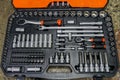 Universal tool box, tool kit with set of hex, torx and screwdriver bits and ratchet wrench sockets Royalty Free Stock Photo