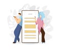 Universal vector flat concept with man and woman standing near by huge mobile phone, chatting online, giving feedback Royalty Free Stock Photo