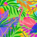 Universal vector illustration with tropical leaves,flowers and flamingo Royalty Free Stock Photo