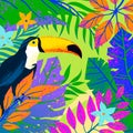 Universal vector illustration with tropical leaves,flowers and toucan