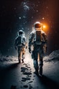 Astronauts walk through the vastness of the universe. Generative Ai