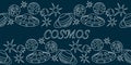 The universe, the cosmos. Seamless border. Doodles of planets, stars, spaceships, and satellites