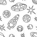 The universe, the cosmos. Seamless pattern. Doodles of planets, stars, spaceships, and satellites. Vector background Royalty Free Stock Photo