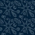 The universe, the cosmos. Seamless pattern. Doodles of planets, stars, spaceships, and satellites. Vector black and white