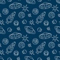 The universe, the cosmos. Seamless pattern. Doodles of planets, stars, spaceships, and satellites. Vector black and white Royalty Free Stock Photo