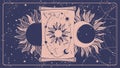 Universe device, boho banner with ancient astronomical scroll, moon and sun. Magic banner for tarot, astrology, esoteric