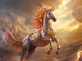 A universe electric colored unicorn, gold - colored equipment on the unicorn, majestic unicorn with wings flying through the cloud