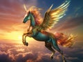 A universe electric colored unicorn, gold - colored equipment on the unicorn, majestic unicorn with wings flying through the cloud