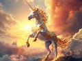 A universe electric colored unicorn, gold - colored equipment on the unicorn, majestic unicorn with wings flying through the cloud