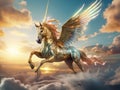 A universe electric colored unicorn, gold - colored equipment on the unicorn, majestic unicorn with wings flying through the cloud