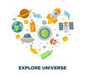 Universe exploration and galaxy space research flat vector heart poster