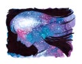 Universe galaxy watercolor painting inside woman head and soul