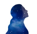 Universe hidden in human, mindfulness, imagination, art, creativity, inner power concepts. Silhouette of woman and starry sky or