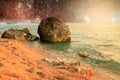 Universe landscape of alien planet with water in deep space Royalty Free Stock Photo