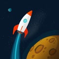 Universe or outer space with planets and rocket or spaceship flying vector illustration, flat cartoon flying rocketship Royalty Free Stock Photo