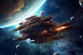 Universe scene with huge spaceship in outer space. Dark space background with many planets