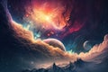 Universe scene with planets, mountains, stars and galaxies in outer space showing the beauty of space exploration. Art wallpaper. Royalty Free Stock Photo