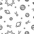 Universe seamless pattern black outline planets with sun and stars Royalty Free Stock Photo