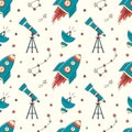 Universe seamless pattern with rocket, constellation, telescope, planet, radio telescope, stars in doodle style. Cosmos Vector