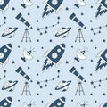 Universe seamless pattern with rocket, constellation, telescope, planet, radio telescope, stars in doodle style. Cosmos Vector