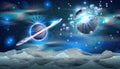 Universe space background, alien planet explosion, vector galaxy cosmic sky illustration, asteroid, stars.