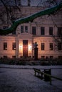 The university building in Lund Sweden on a snowy winter night with no people out