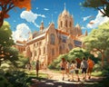 A university campus with ethnically diverse teenagers as students is illustrated. (Illustration, Generative AI