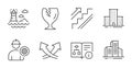 University campus, Intersection arrows and Lighthouse icons set. Stairs, Engineer and Fragile package signs. Vector