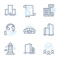 University campus, Lighthouse and Skyscraper buildings icons set. Vector
