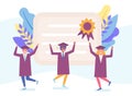 University and college graduates in black gowns and diploma happy characters learning people flat vector illustration.