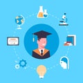 University Or College Graduation Concept Student In Cap And Gown Over Education Icons