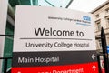 University College London Hospital main welcome sign. London, UK.