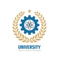 University education concept logo template. Technical high school sign. Academic graduation emblem. Laurel wreath, gear and atom