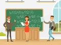 University Education with Professor Near Chalkboard and Students Vector Illustration