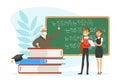 University Education with Professor Near Chalkboard and Students Vector Illustration