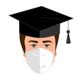 University graduate student in bonnet and medical mask. Quarantine 2020 graduation concept. Guy graduate icon, vector